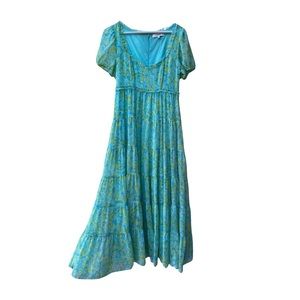 Likely 70s 60s blue & green selkie puff sleeve regency prom wedding guest dress